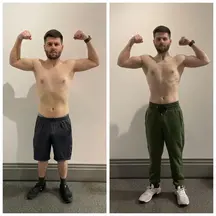 M/27/5’10” [179lbs > 158lbs = 21lbs] (1 year) this is post diet weight loss to 1 year of strength training.